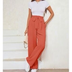 New Wide Leg High Waisted Belted Trousers with Pockets colour Coral Size XL